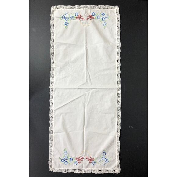 Vintage Small Table Runner with Bows and Flowers, Lace Edges 34” x 14” size - Picture 1 of 7